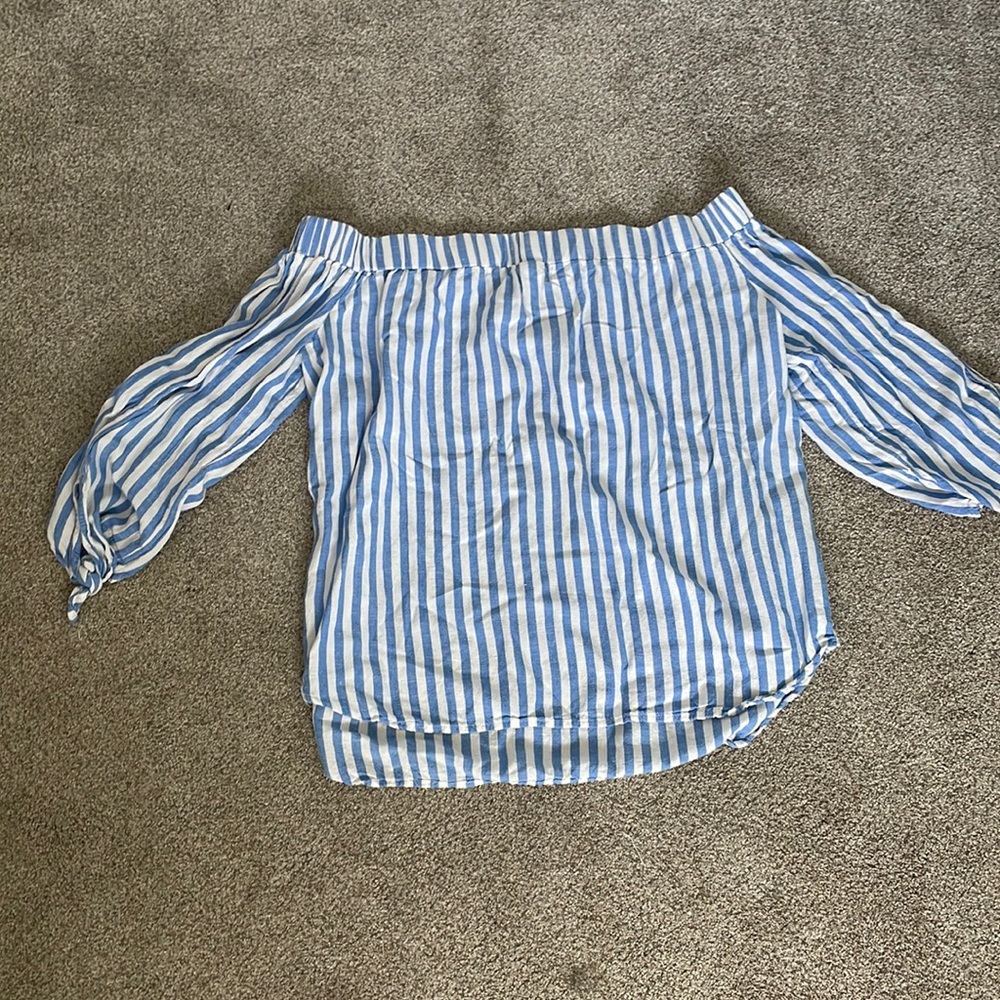 Off the shoulder blue and white striped blouse